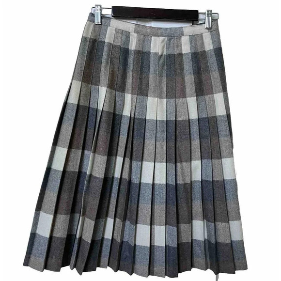 Vintage Paris  Star Gray Neutral Plaid Pleated Kilt Midi Skirt 26" - Picture 1 of 8